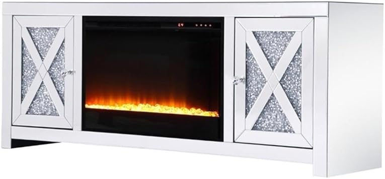Elegant Decor Modern 2 Door 59" Clear Silver Mirrored Crystal Fireplace TV Stand
