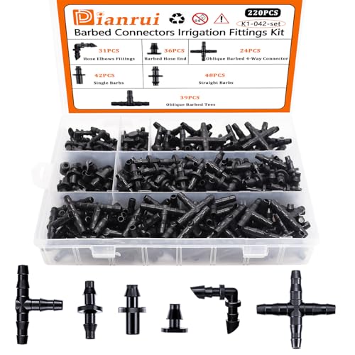 Dianrui 220 PCS Drip Irrigation Kit, Drip Irrigation Parts 1/4\'\' Tubing Fittings Kit for Garden Lawn Flower Sprinkler Systems-End Plug/ 4-Way Connector/Single barbs/Straight Barbs/Oblique Barbed Tees