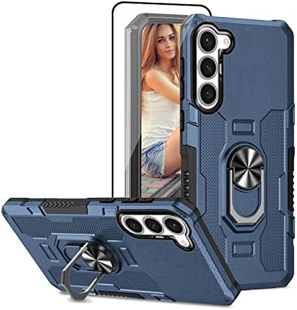 Compatible with Samsung Galaxy S23 5G Case, HD Screen Protector, Built in Magnetic Kickstand,Rugged Durable Dual Layers Bumper Hybrid Heavy Duty Protection Cover for Galaxy S23 5G Phone Case Blue