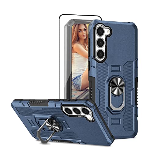 Compatible With Samsung Galaxy S23 5G Case, Hd Screen Protector, Built In Magnetic Kickstand,Rugged Durable Dual Layers Bumper Hybrid Heavy Duty Protection Cover For Galaxy S23 5G Phone Case Blue #TOP17