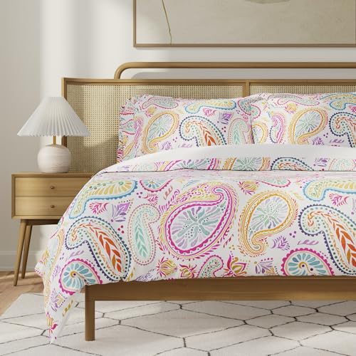 Image of QuickZip Duvet Cover with Zipper Closure - Ultra Soft Long-Staple 100% Cotton, Oeko-Tex Certified, Durable Interior Corner Ties, Corner Clips, Full /Queen, Reversible Paisley /White (Sateen)