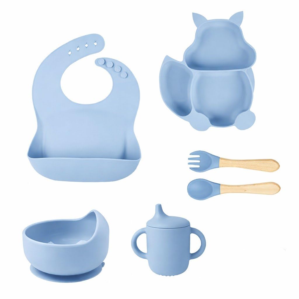 AUREON Silicone Baby Feeding Set, 6-Piece Baby Led Weaning Supplies with Suction Plate, Suction Bowl, Bib, Spoon, Fork & Training Cup, BPA-Free Food Grade Silicone Tableware for Babies (Blue)-image-49