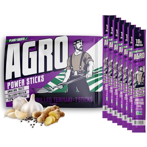 Image of Grilled Teriyaki Vegan Jerky Sticks High Protein Plant Based Snack 7 Sticks | AGRO POWER Jerky Sticks, High Protein, Non-GMO, Low Sodium, No Cholesterol, Meatless Healthy Snack for Lunch, On-the Go Fuel