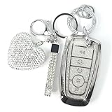 YIKECASE Key Fob Cover with Diamond Keychain for Women, Car Key Holder Compatible with Ford Explorer Fusion Edge Expedition F150 F250 F350 F450 F550 Maverick Mustang, 5 Buttons (Silver-Heart)