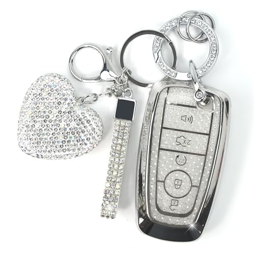 YIKECASE Key Fob Cover with Diamond Keychain for Women, Car Key Holder Compatible with Ford Explorer Fusion Edge Expedition F150 F250 F350 F450 F550 Maverick Mustang, 5 Buttons (Silver-Heart)