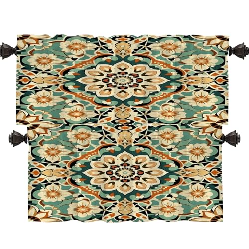 Shrahala Floral Pattern Blackout Short Curtains for Windows, Intricate Decorative Design Kitchen Valance Thermal Insulated Rod Pocket Window Treatment for Bathroom 2 Pack 52 X 16 in