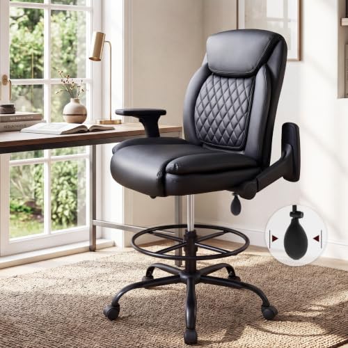 Image of Drafting Chair,Executive Tall Office Chair Flip-up Armrests for Counter Height Desk Drawing Use,High Task Chair with Adjustable Foot Ring & Inflatable Lumbar Support, Swivel Computer Stool,PU Black