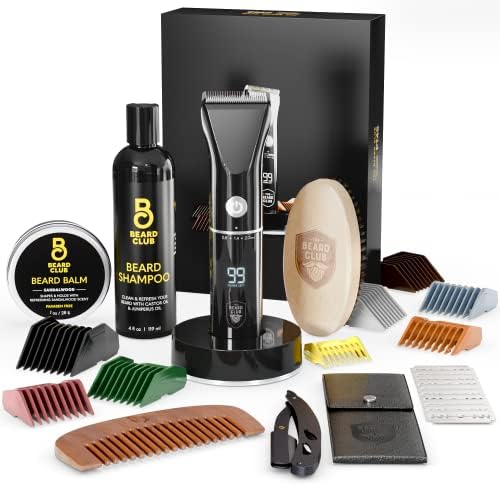 Beard Club PT45 Beard Trimmer & Beard Care Grooming Kit – Cordless Electric Beard Trimmer, Straight Edge Razor, Beard Shampoo, Sandalwood Beard Balm, Beard Brush and Comb - Gift Kit