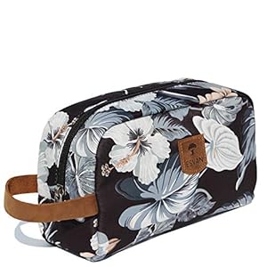 ESVAN Large Makeup Bag Water Resistant Purse Travel Toiletry Bag Organizer Pouch Cosmetic Bag with Zipper and Genuine Leather Handle (Black leaf)