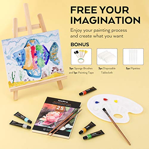 Nicpro 60 Pcs Art Paint Set For Kids, Complete Washable Watercolor Painting Supplies Kit For Beginner With 24 Tube Water Color Paint, 8 Brushes,12 Canvas, Smock, 25 Papers, Easel, Sponge, Palette, Bag #TOP6