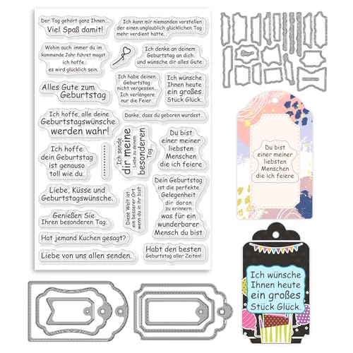 ORIGACH Deutscher Geburtstag Sprüche Stanzformen und Stempelset für DIY Scrapbooking Album Dekorative Papierformen Kartenherstellung