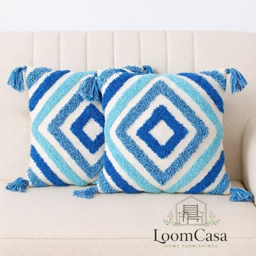 Image of Cushion Cover Pack of 4 (16x16 Inches) | Cotton Textured Decorative Throw Pillow Case for Sofa Bed Living Room Tufted Cushion Cover with Tassels (Blue Dimond)