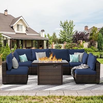 Grezone Patio Furniture Sets 7 Pieces Patio Sectional Outdoor Furniture Patio Sofa Chairs Set PE Rattan Wicker Couch Conversation Set with 5 Thickened Cushions, Fire Pit Table& Coffee Table Blue