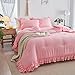 Pink Ruffled Comforter Set Twin Size, 3 Pieces (1 Ruffled Comforter and 2 Pillowcases) Farmhouse Shabby Chic Style with 2 Layers Ruffle, Solid Color Lightweight Soft Fluffy Bedding Sets for Girls