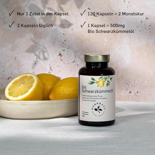Kurkraft® Bio Schwarzkümmelöl - 2 Monate - 1000mg pro Tagesdosis - 500mg Linolsäure - vegane Kapseln - - ägyptisch - kaltgepresst - natürlich produziert in Deutschland
