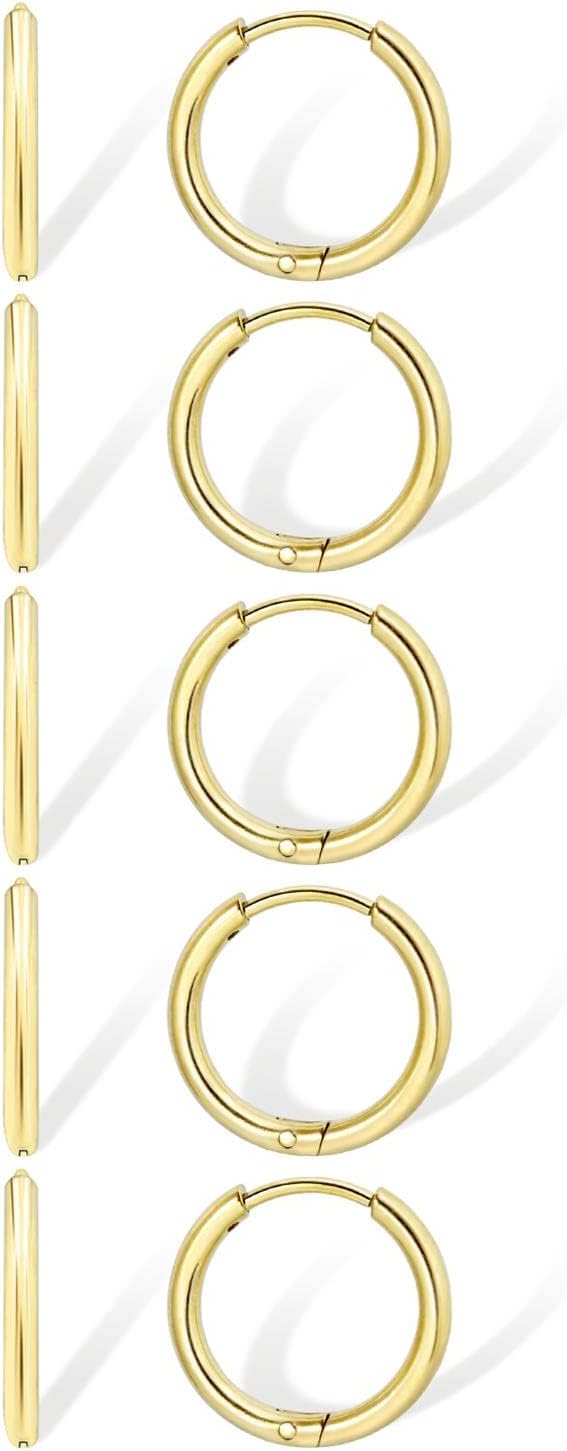 Dainty Small Gold Hoop Earrings for Women Set: 5 Pairs Lightweight 14K Gold Minimalist Huggie Hoop Earrings Cartilage Hoop Earring Helix Earring Tiny Gold Hoops for Women Men 1.6MM Thickness Hypoallergenic Earring Sets for Multiple Piercing