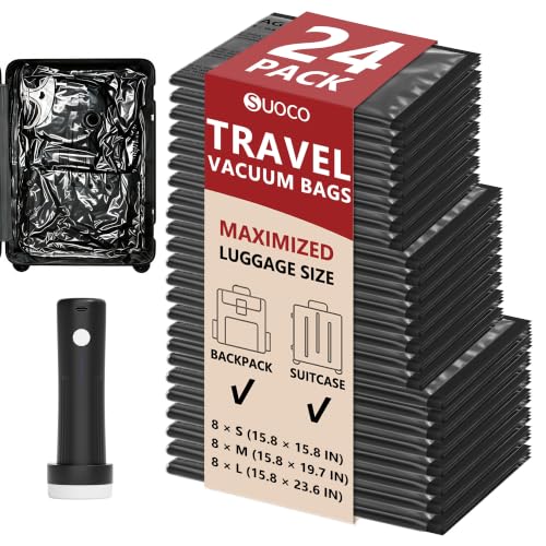 Image of Travel Vacuum Bags for Clothing with Cordless Pump 24 Combo, Black | Compression Packing Cubes Organizer Storage for Luggage Suitcase, Space Saver Seal Bags for Vacation Cruise