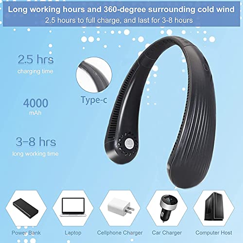 Image of Portable Hanging Neck Fan, Personal Wearable Bladeless Neck Fan, 3 Speeds USB Rechargeable Fan, 360 Cooling, Low Noise, for Travel, Indoor & Outdoor (Black)