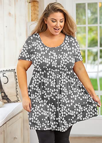 Auslook Plus Size Womens Summer Tops Grey Sakura 4X Tunic Short Sleeve Blouses Scoop Neck Clothing Pleated Tee Ladies Clothes Flowy Dressy Casual Dress Loose Fit Outfits Maternity Babydoll T Shirts Wear With Leggings #TOP2