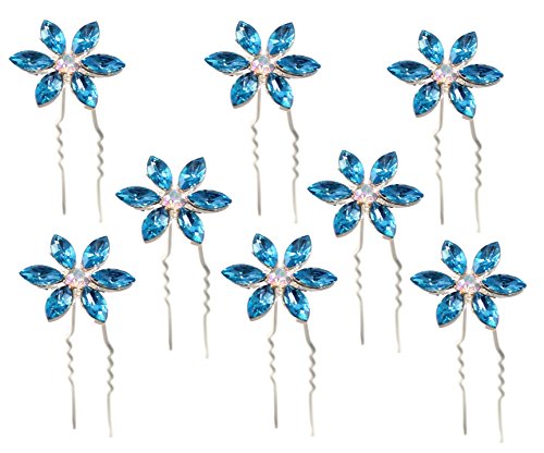 Blue Crystal Flower Hair Pins with Rhinestone for Bridal, Wedding, and Prom Accessory (Set of 8)