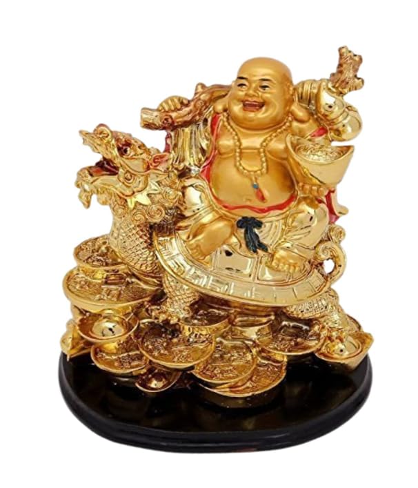 Image of POOMEE Luxury Golden Laughing Buddha Statue for Home and Office Decor Premium Glossy Finish Resin Feng Shui Buddha Idol for Wealth Happiness Prosperity with Stable Base 13 cm