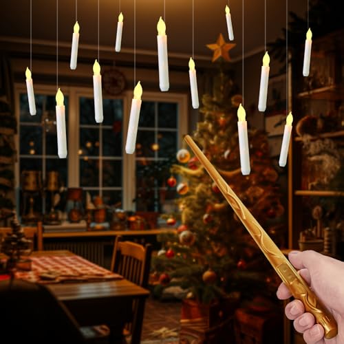 Raycare Floating Candles with Wand 12 Pcs Magic Hanging Candles Flameless Flickering Warm Light LED Taper Candle with Wand Remote Battery Operated Window Candle for Halloween Witch Wizzard Decors