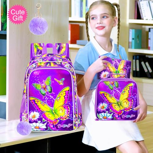 Image of 3Pcs Butterfly Backpack for Girls, 16 inch Kids Bookbag with Lunch Box，School Backpacks for Elementary Preschool Kindergarten (Purple)