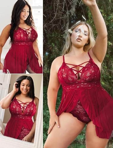 Image of SSoShHub Women's Plus Size Lingerie Beautiful Babydoll Snap Crotch Lace Chemise Ruffles Nightwear Bodysuit with Babydoll