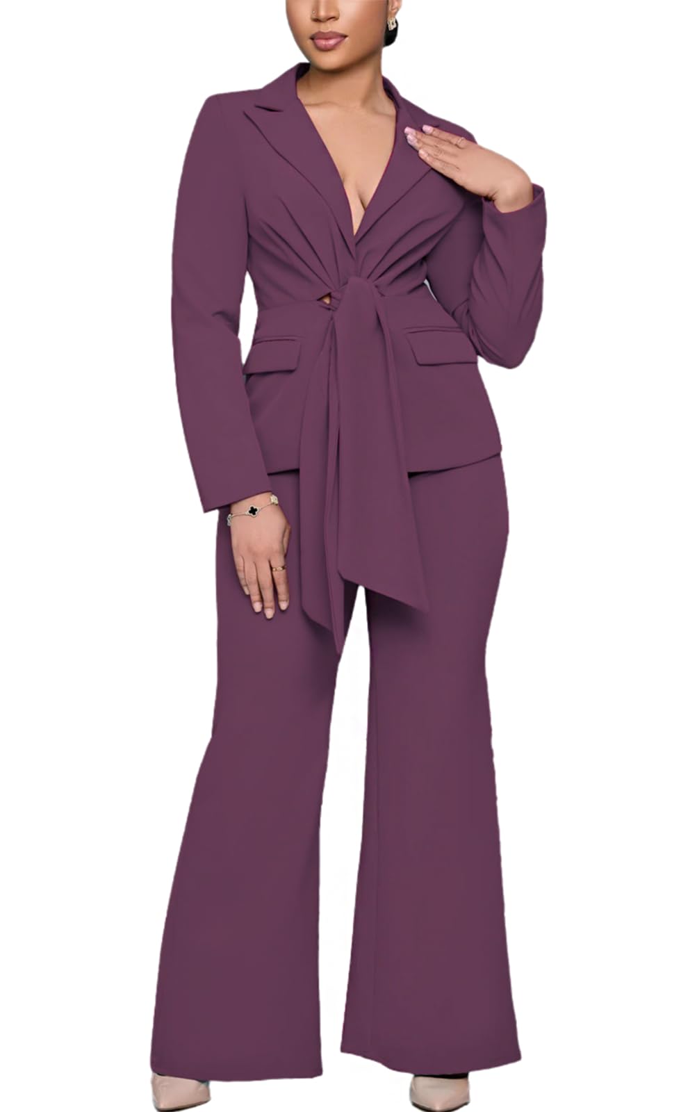 Womens Suits 2 Piece Set Business Casual Work Outfits Office Long Sleeve Tie Waist Blazer and Pants Sets