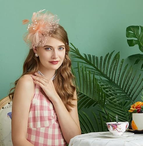 Fascinators Hat For Women Tea Party Headband Kentucky Derby Wedding Flower Cocktail Mesh Feathers Hair Clip(1-Champagne) #TOP1
