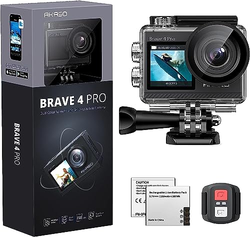AKASO アクションカメラ 4K 20MP解像度 タッチパネル式 デュアルカラースクリーン 40M防水 水中カメラ 手ぶれ補正 外部マイク対応 WiFi搭載 HDMI出力 5倍ズーム リモコン付き 1350mAhバッテリー2個付 170度広角 ウェアラブルカメラ 豊富なアクセサリー Brave 4 Pro