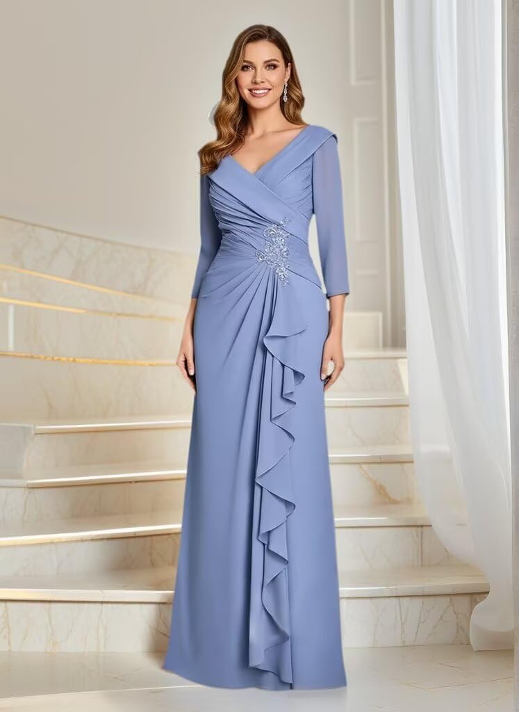 Chiffon Mother of The Bride Dresses for Wedding 3/4 Sleeves Ruched Formal Evening Gown with Laces Applique - Image 3