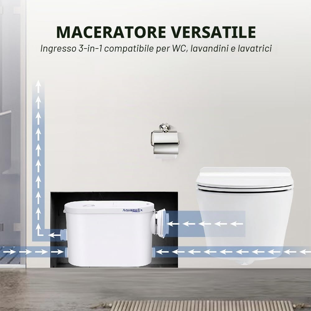 Aquamatix Silencio S Trituratore Pompa Maceratore 400W Sistema di Sollevamento 145L/min per WC sospeso 3 ingressi 8m Distanza di pompaggio verticale con Filtro a carbone