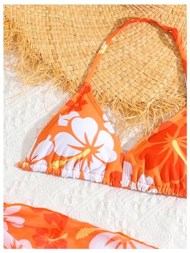 OYOANGLE Girl's 3 Piece Bikini Sets Floral Print Halter Triangle High Cut Swimsuits with Cover Up Skirt3