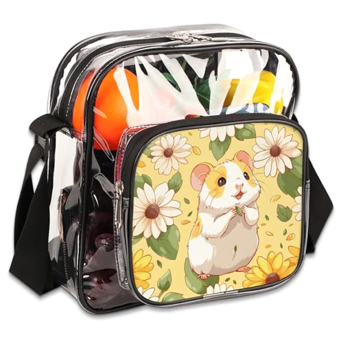 Clear Crossbody Bag Stadium Approved Hamster and Daisy Transparent Bag for Festivals, Sports Events, Concerts,Beach Bag for Women Men Clear Purse with Front Pocket Messenger Bag with Adjustable Strap