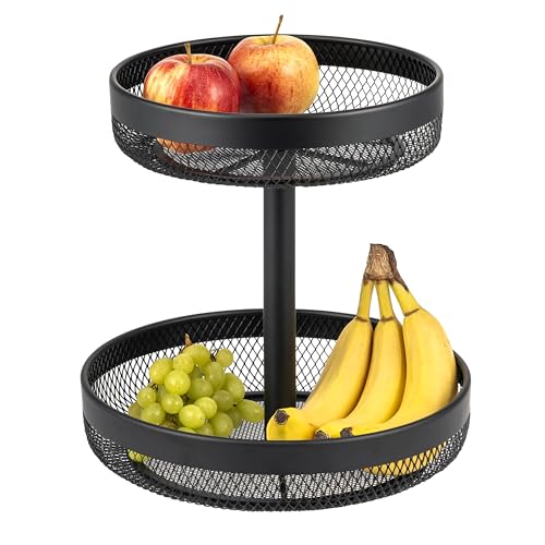 eluno frutero/panera redonda de 2 pisos, frutero decorativo, frutero, cesta de fruta de metal negro, mucho espacio para fruta, verdura, pan y aperitivos en la cocina y en el salón