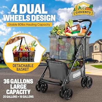 𝐍𝐞𝐰𝐥𝐲 𝐔𝐩𝐠𝐫𝐚𝐝𝐞𝐝 Folding Shopping Cart, 80lbs Collapsible Grocery cart with Removable Basket and 360° Swivel Wheels, Single-hand Fold, Portable Personal Stroller Shopping Cart for Groceries