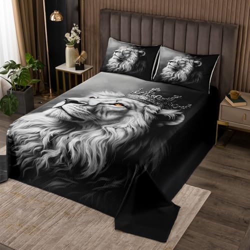 Juego de colcha de león en 3D, tamaño doble, para niños y niñas, con estampado de corona y animales salvajes, colcha de 3 piezas, ropa de cama decorativa acolchada con 2 fundas de almohada
