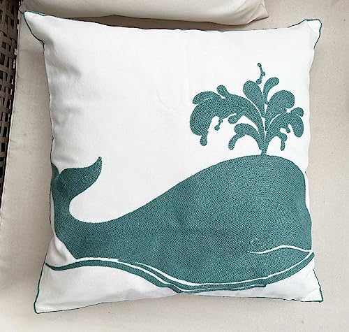 Decopow Embroidered Whale Throw Pillow Cover,Square 18 Inches Whale Decorative Canvas Pillow Cover For Nautical Style Deco By (Seagreen-Whale) #TOP4