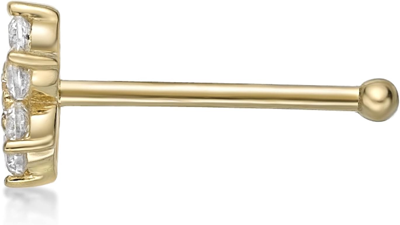 Lavari Jewelers 22 Gauge Straight Bone Flower Nose Stud for Women or Men - 14k White or Yellow Gold 4.5mm Cubic Zirconia Nose Ring - Unisex Hypoallergenic Nostril Piercing Jewelry - 22G Body Piercing