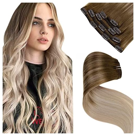 LaaVoo Echthaar Extensions Clip in Balayage 30cm Clip in Extensions Echthaar Ombre Hellbraun bis Dunkel Aschblond mit Platinblond Haarverlängerung Echthaar Clip in Glatt 80G/5Stück