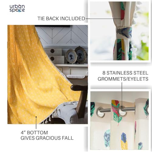 Image of Urban Space 100% Cotton Curtains for Window, Combo Set of 3 Curtains 5 feet Long, 60-65% Room Darkening Curtain, Tieback & Eyelets Included with Curtains for Home decor (Yellow Star, 5 Feet)