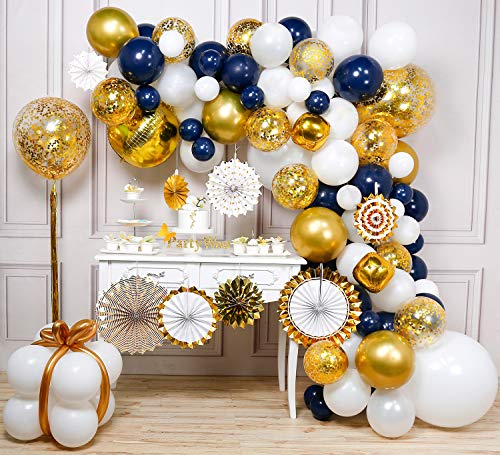 Preisvergleich Produktbild PartyWoo Luftballons Blau Gold, Satz von Marineblau Luftballons, Metallic Luftballons Gold, Luftballons Weiß, Luftballons Konfetti Gold und Papier Fächer, Latexballons für Navy und Gold Partydeko