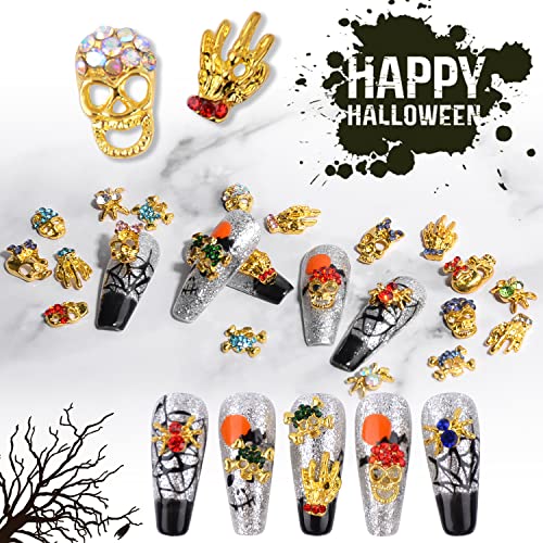 Qimyar Halloween Charms For Nails, 5 Colors 3D Halloween Nail Art Charms With Crystal Rhinestones Nail Decoration Mixed Skull Spider Skeleton Hands Design Luxury Gold Metal Nail Accessories 30Pcs/Box #TOP11