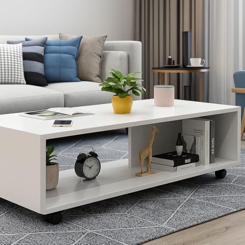 Image of MATTERHORN Wooden Coffee Table with Wheels & Storage Shelf | Modern Centre Table for Living Room, Tea & Drawing Room | Free Assembly, 80 x 40 x 40 cm (MOCT-R92101) (White Mist)