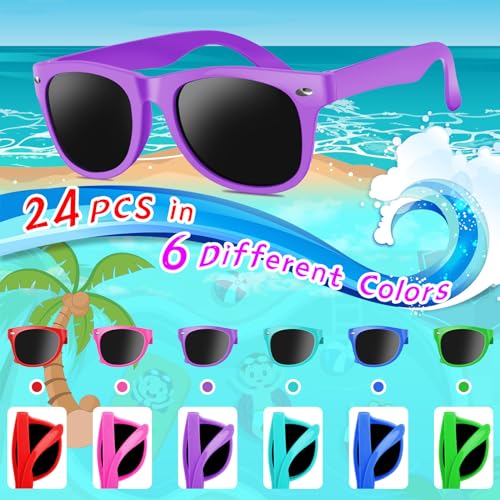 Kids Sunglasses Bulk, 24 Pack Neon Sunglasses for Boys and Girls Age 3-10 - Gift for Birthday, Graduation, Pool Party Favors2