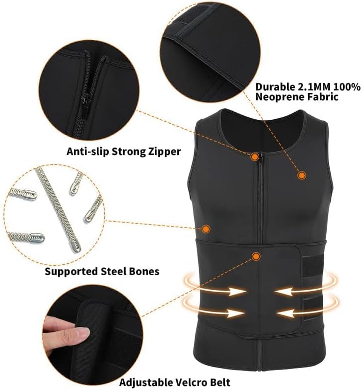 SHAPERIN Men Neoprene Sauna Zipper Waist Trainer Vest Tank Top Trimmer Body Shaper - Image 5