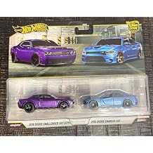 Hot Wheels Premium 2 Pack 2018 Dodge Challenger SRT Demon / 2015 Dodge Charger SRT Ride On Toy Mini Car Ages 3+ Purple/Blue JHW47