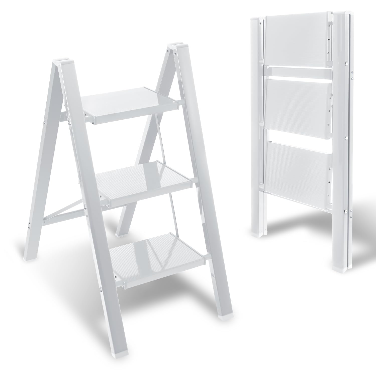 Scala Pieghevole in Alluminio a 3 Gradini, Portatile, Antiscivolo, Bianca, Portata fino a 150 kg