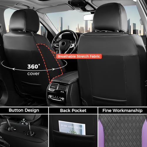 Image of Coverado Car Seat Covers Full Set, Leather Seat Covers for Cars, Waterproof Car Seat Protectors, Front and Back Car Seat Cushions Automotive Seat Covers Universal Fit for Most Cars, Black&Purple